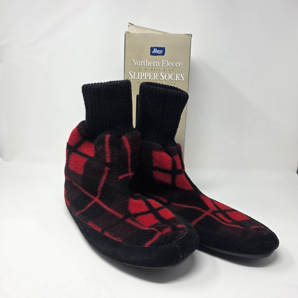 Bass Women's Northern Fleece Slipper Socks Red Black Buffalo Plaid Size Lg New